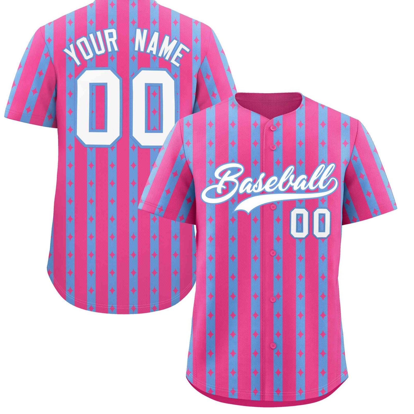 Custom Pink Light Blue Star Pattern Thick Stripes Baseball Jersey