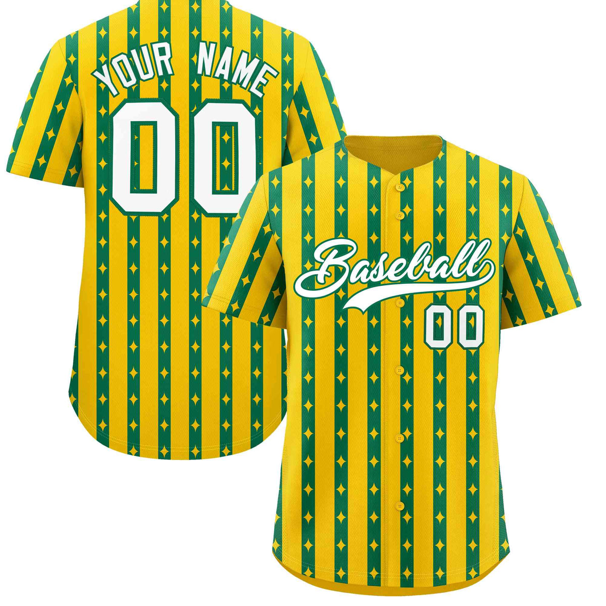 Custom Gold Kelly Green Star Pattern Thick Stripes Baseball Jersey
