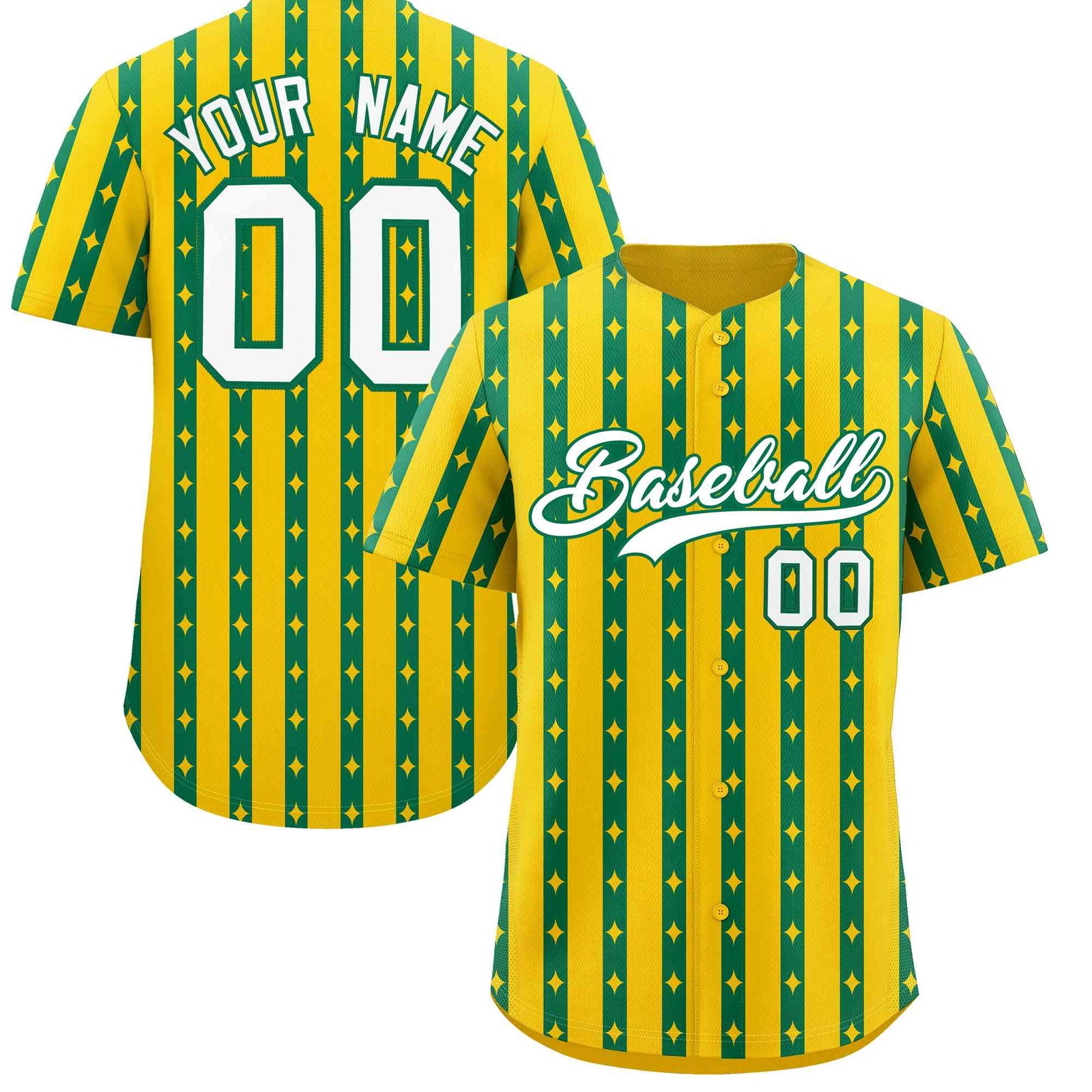 Custom Gold Kelly Green Star Pattern Thick Stripes Baseball Jersey