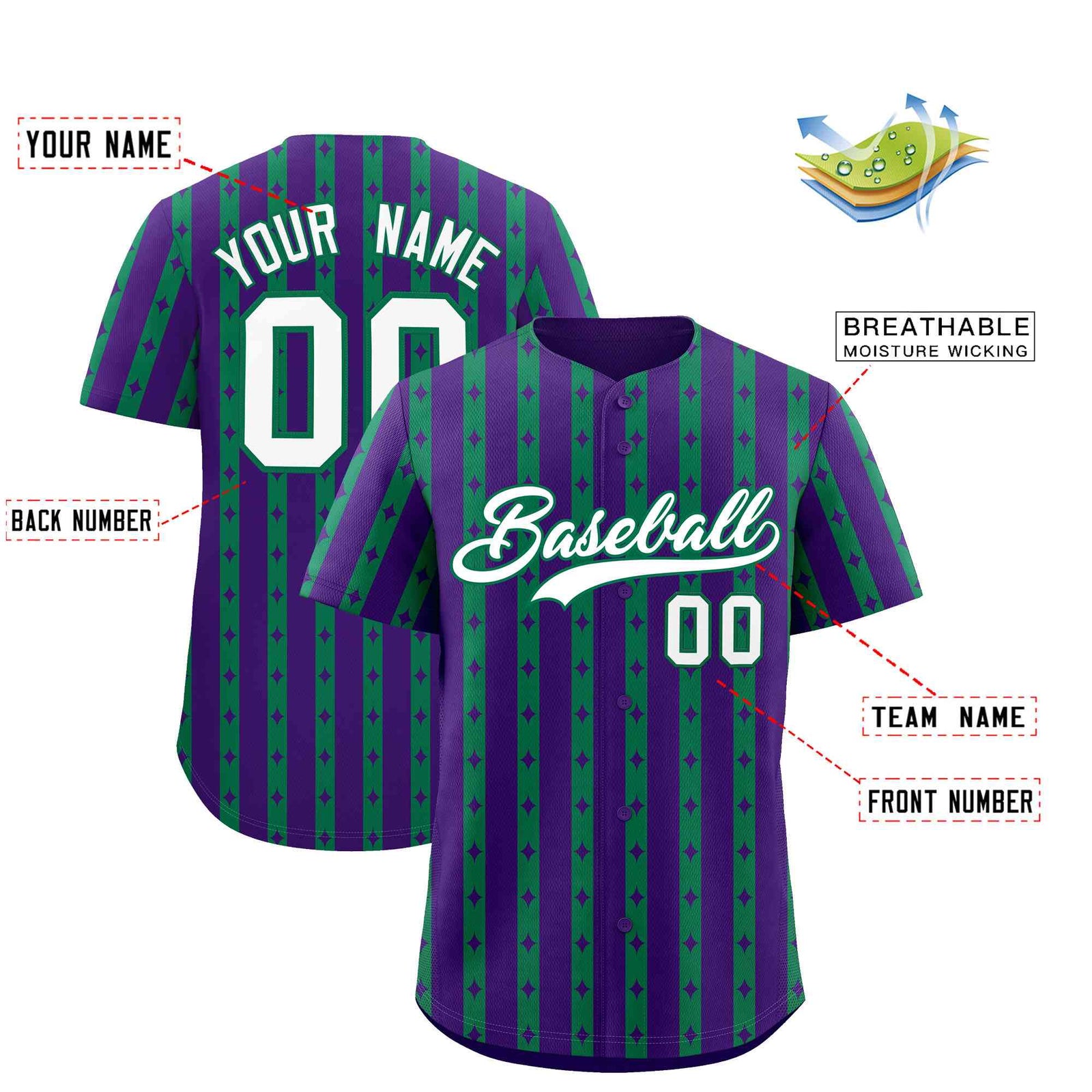 Custom Purple Kelly Green Star Pattern Thick Stripes Baseball Jersey