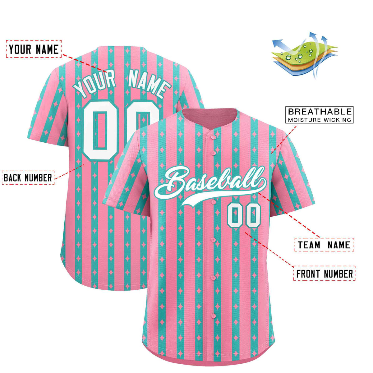 Custom Light Pink Teal Star Pattern Thick Stripes Baseball Jersey