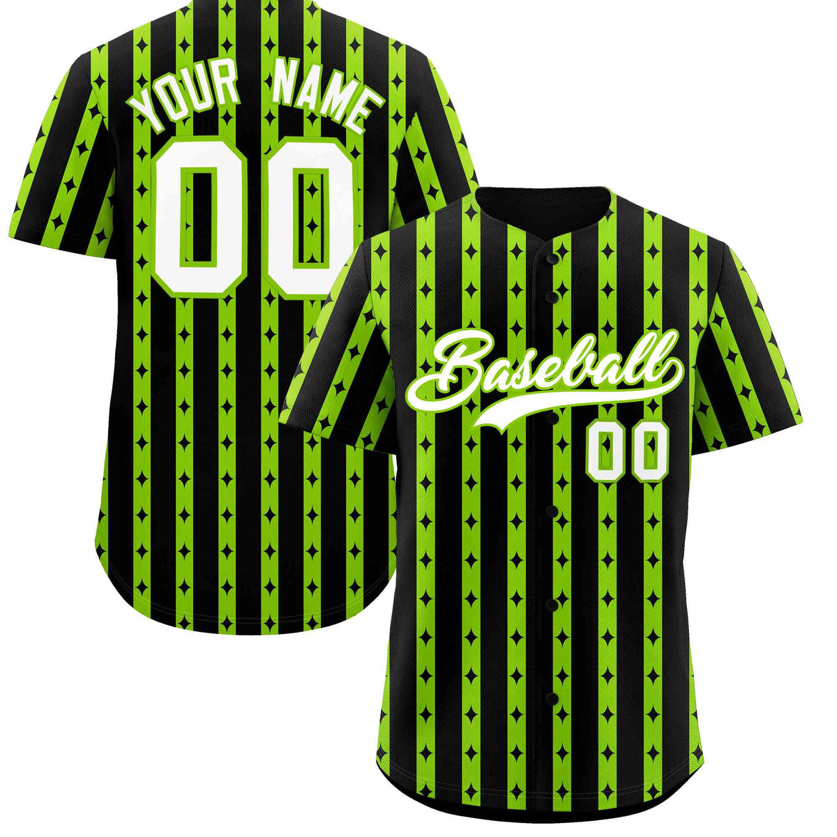 Custom Black Neon Green Star Pattern Thick Stripes Baseball Jersey