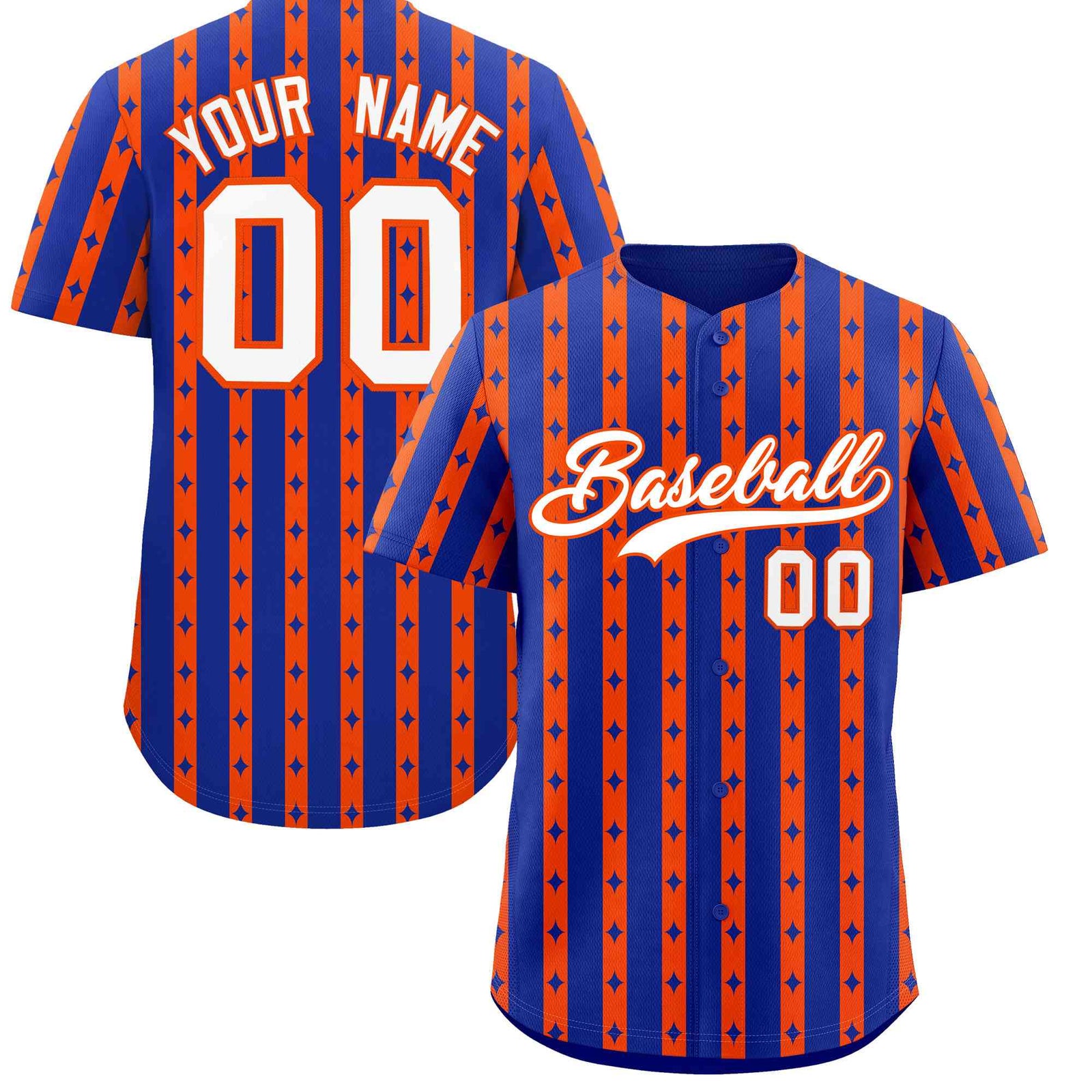 Custom Royal Blue Orange Star Pattern Thick Stripes Baseball Jersey