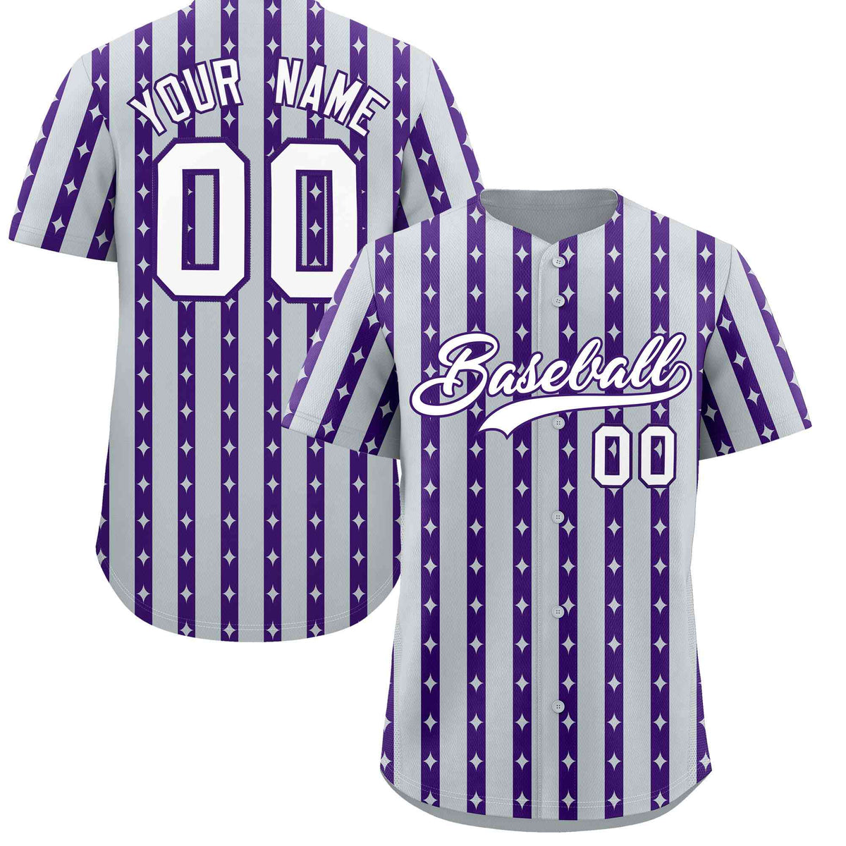 Custom Silver Purple Star Pattern Thick Stripes Baseball Jersey
