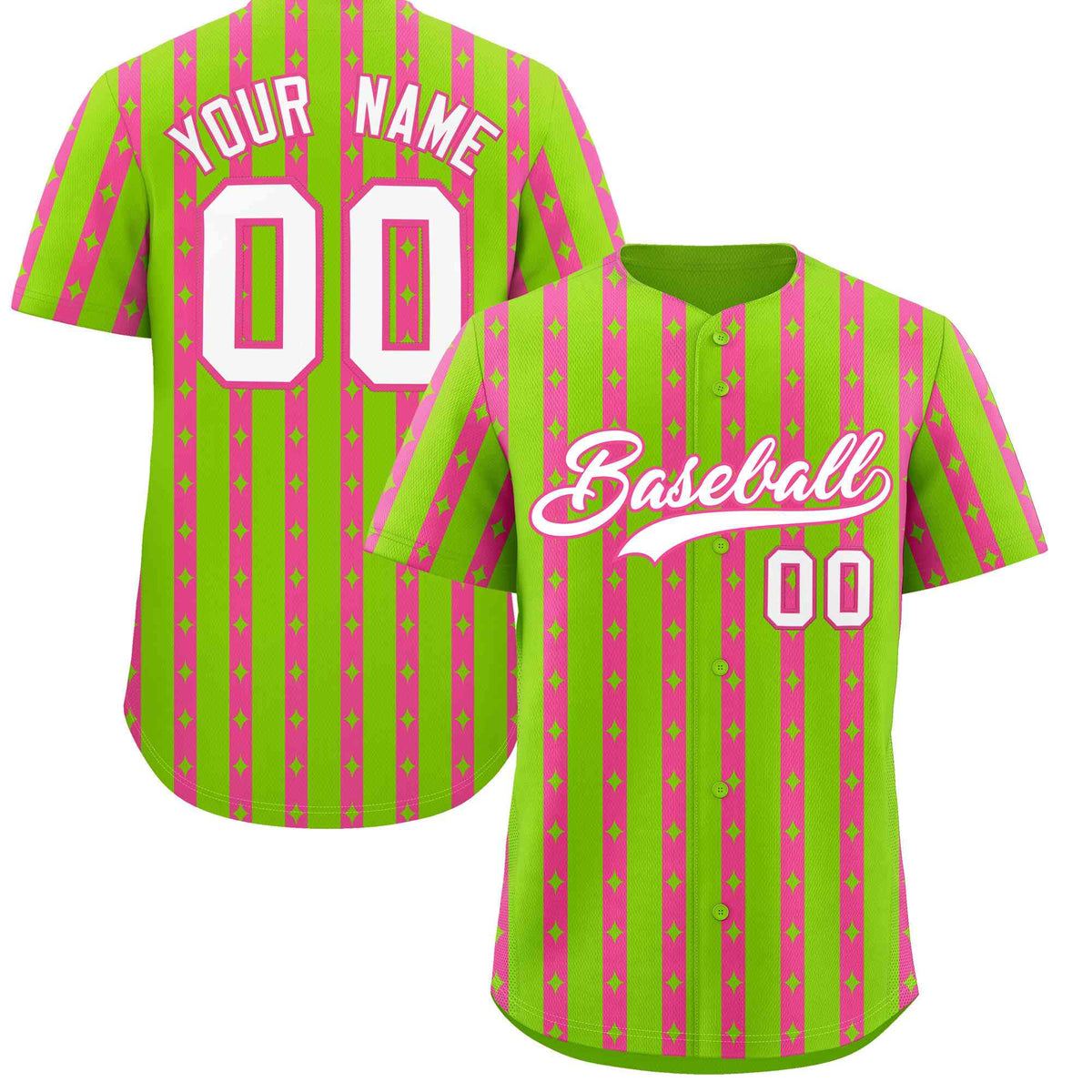 Custom Neon Green Pink Star Pattern Thick Stripes Baseball Jersey