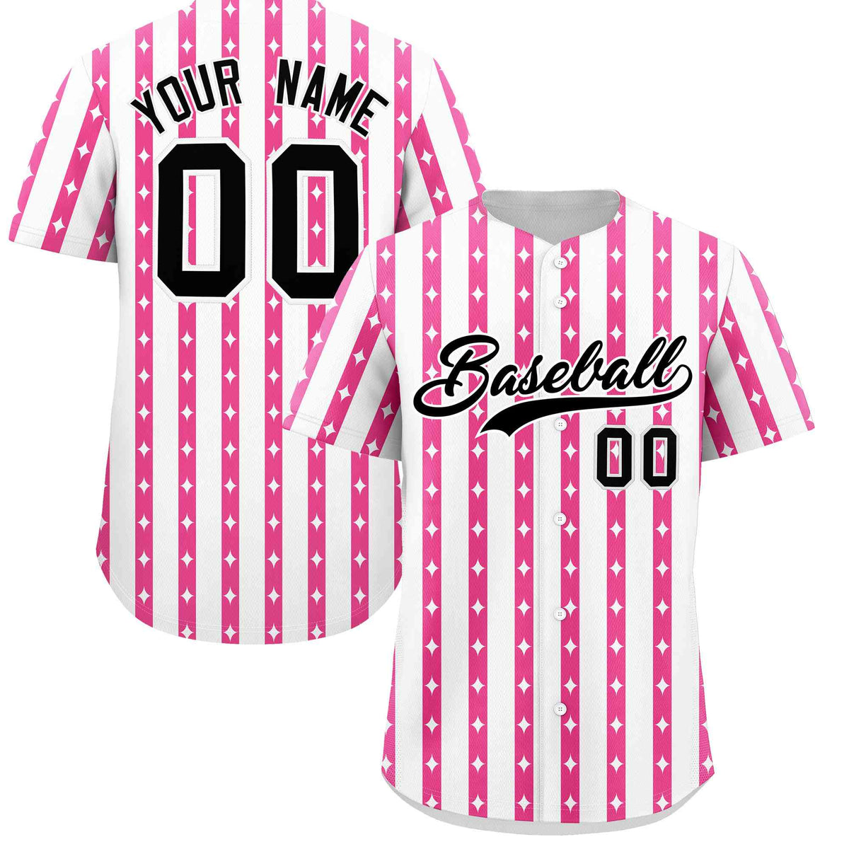 Custom White Pink Star Pattern Thick Stripes Baseball Jersey
