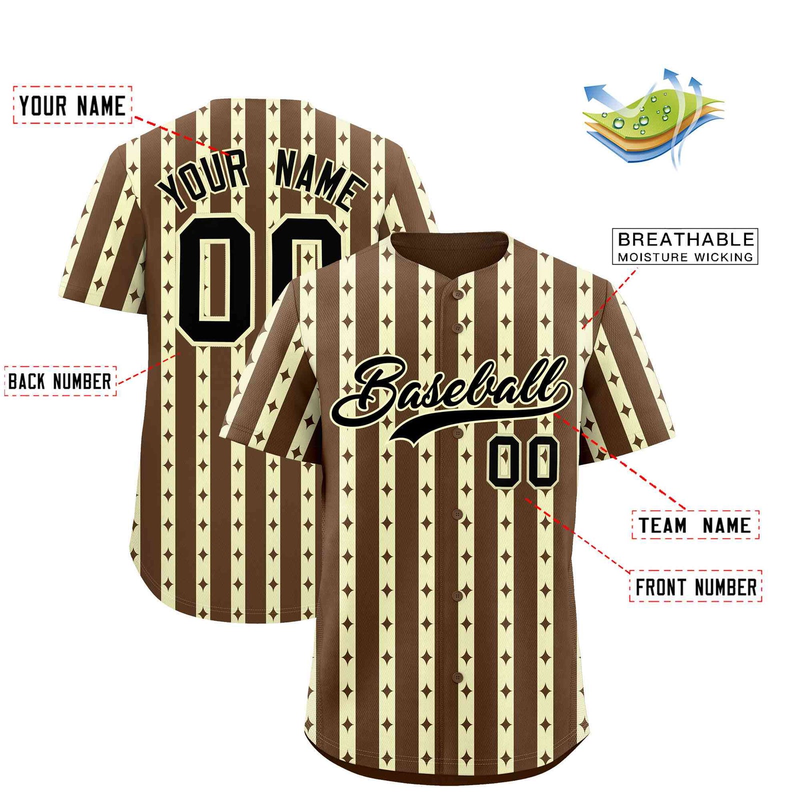 Custom Light Brown Cream Star Pattern Thick Stripes Baseball Jersey