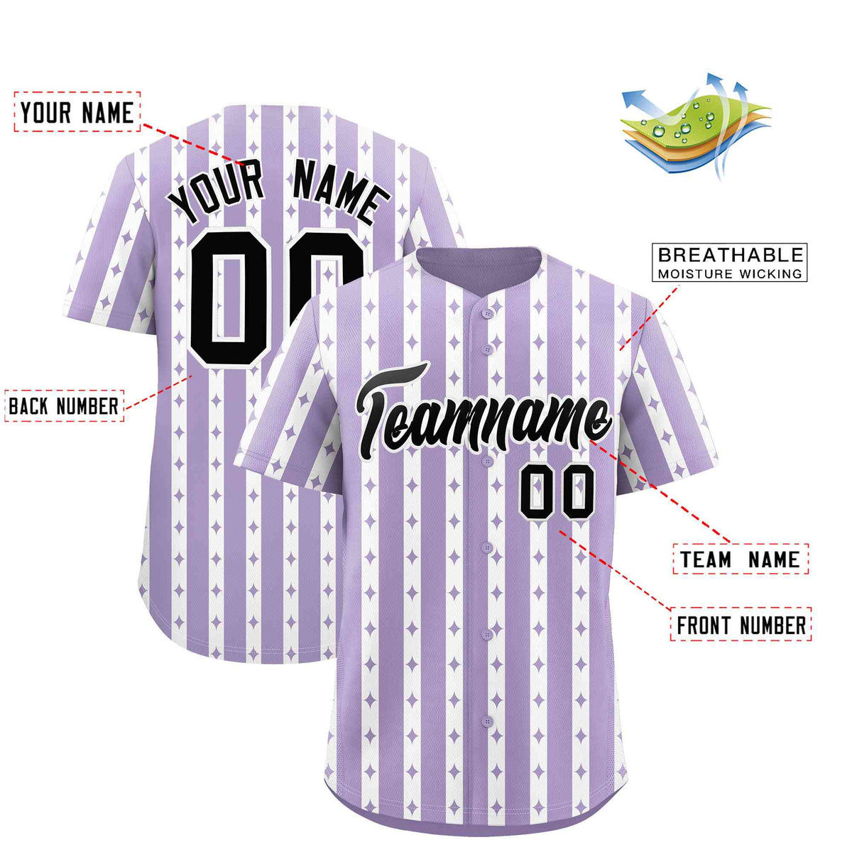 Custom Light Purple White Star Pattern Thick Stripes Baseball Jersey