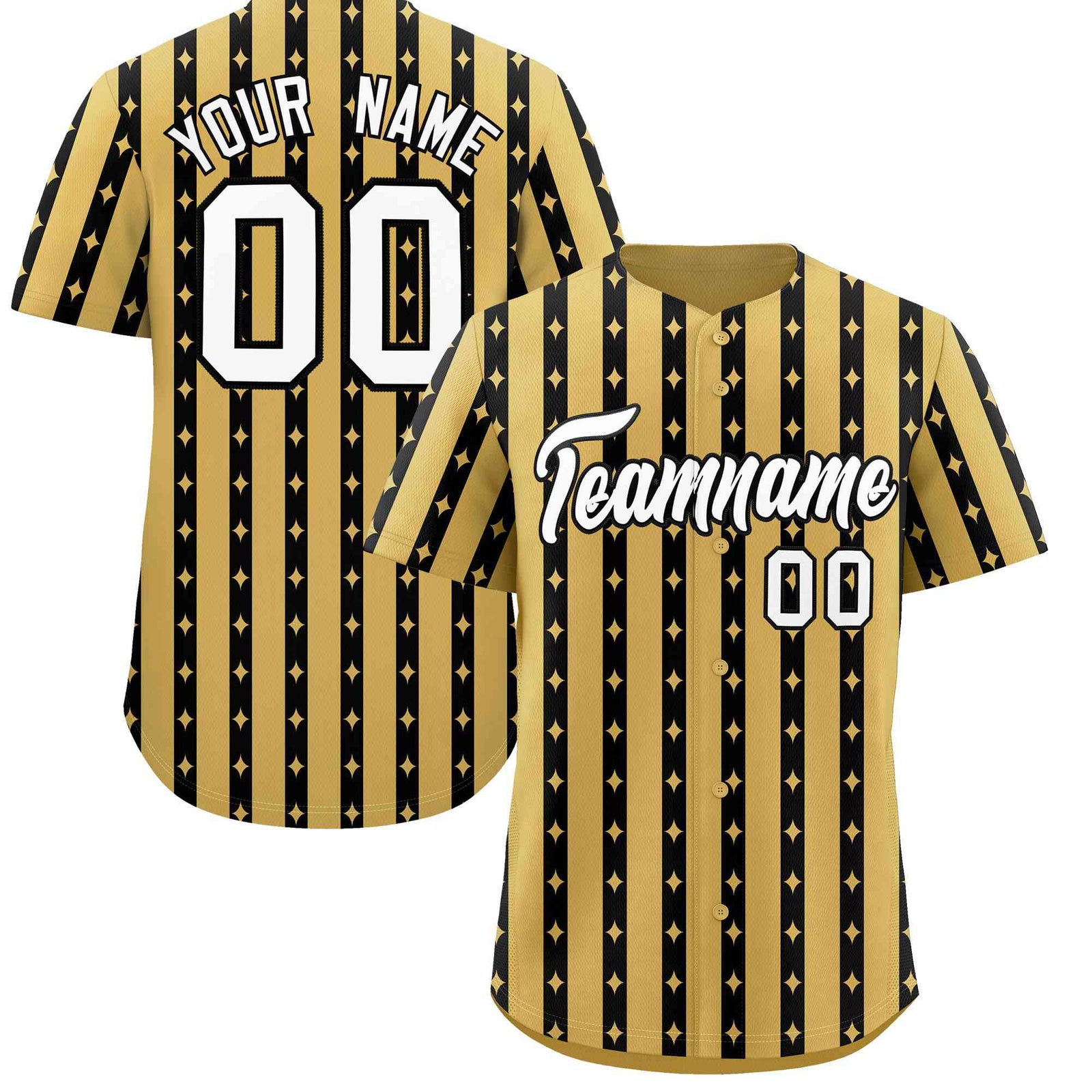 Custom Old Gold Black Star Pattern Thick Stripes Baseball Jersey