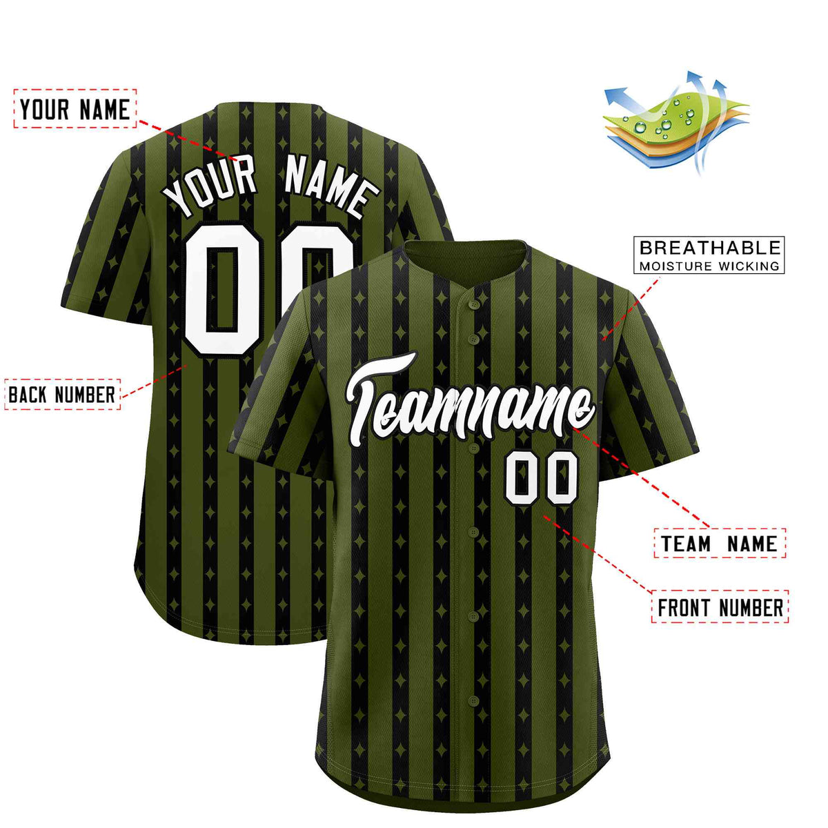 Custom Olive Black Star Pattern Thick Stripes Baseball Jersey