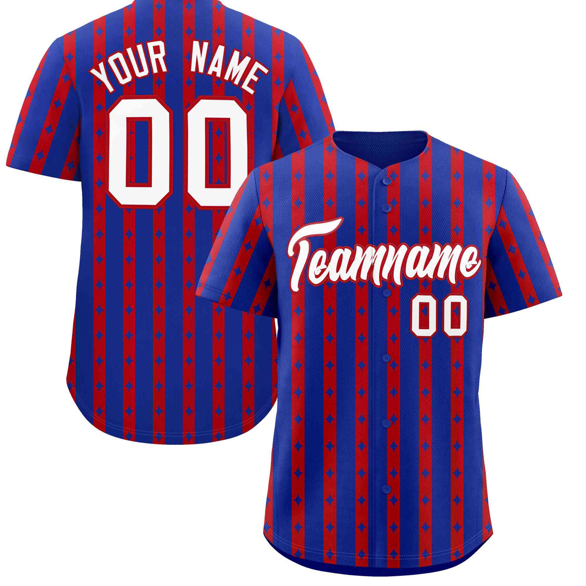 Custom Royal Blue Red Star Pattern Thick Stripes Baseball Jersey