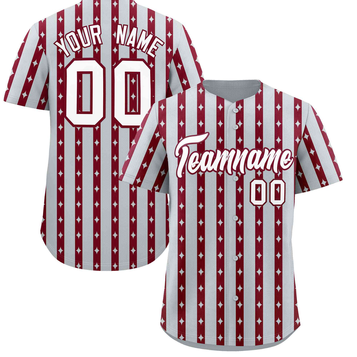 Custom Silver Crimson Star Pattern Thick Stripes Baseball Jersey