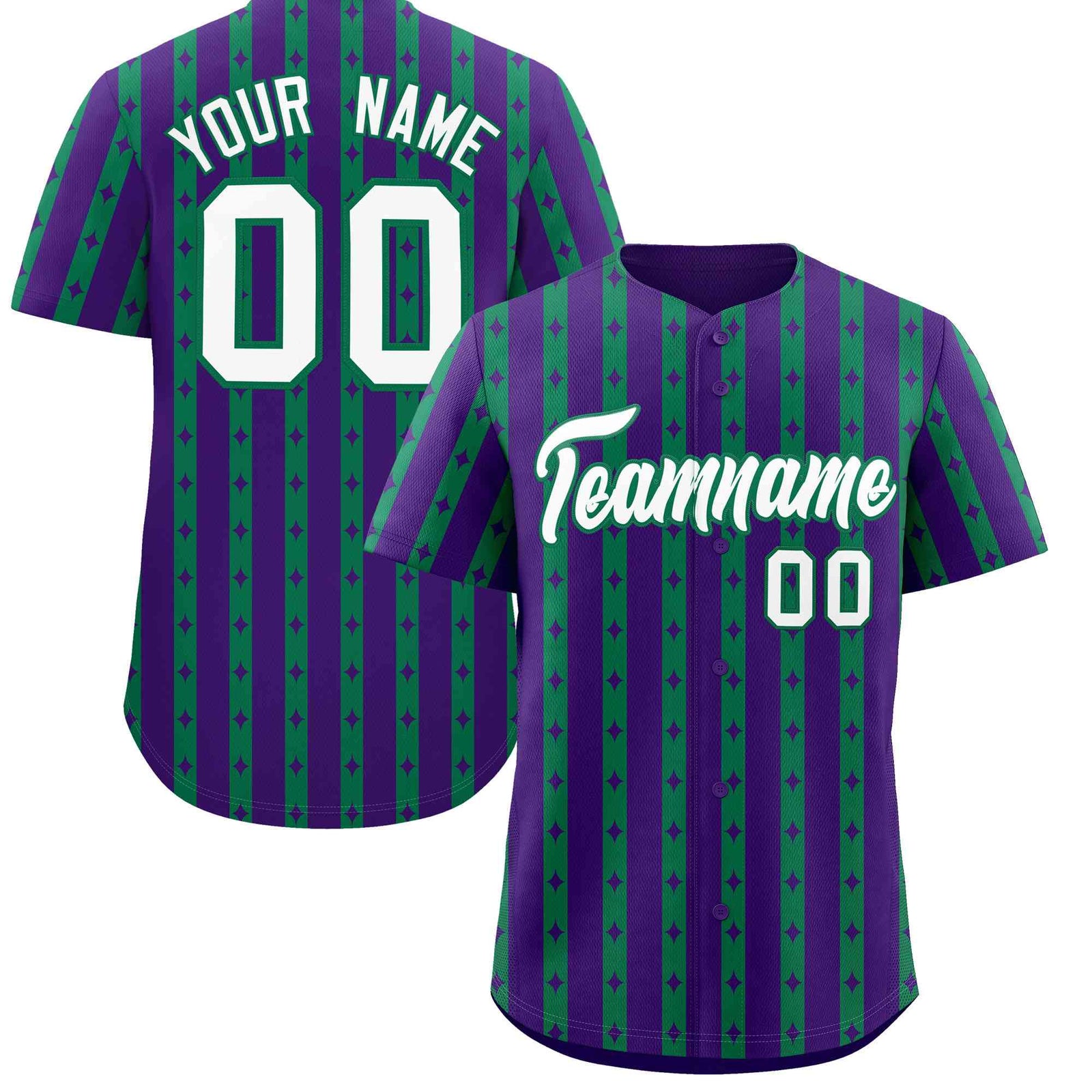 Custom Purple Kelly Green Star Pattern Thick Stripes Baseball Jersey