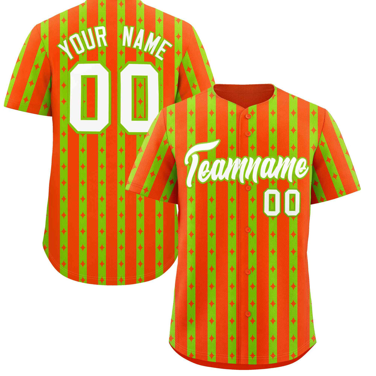 Custom Orange Neon Green Star Pattern Thick Stripes Baseball Jersey