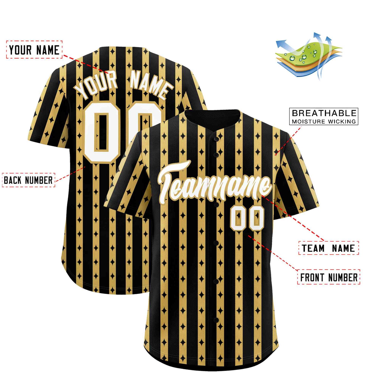 Custom Black Old Gold Star Pattern Thick Stripes Baseball Jersey