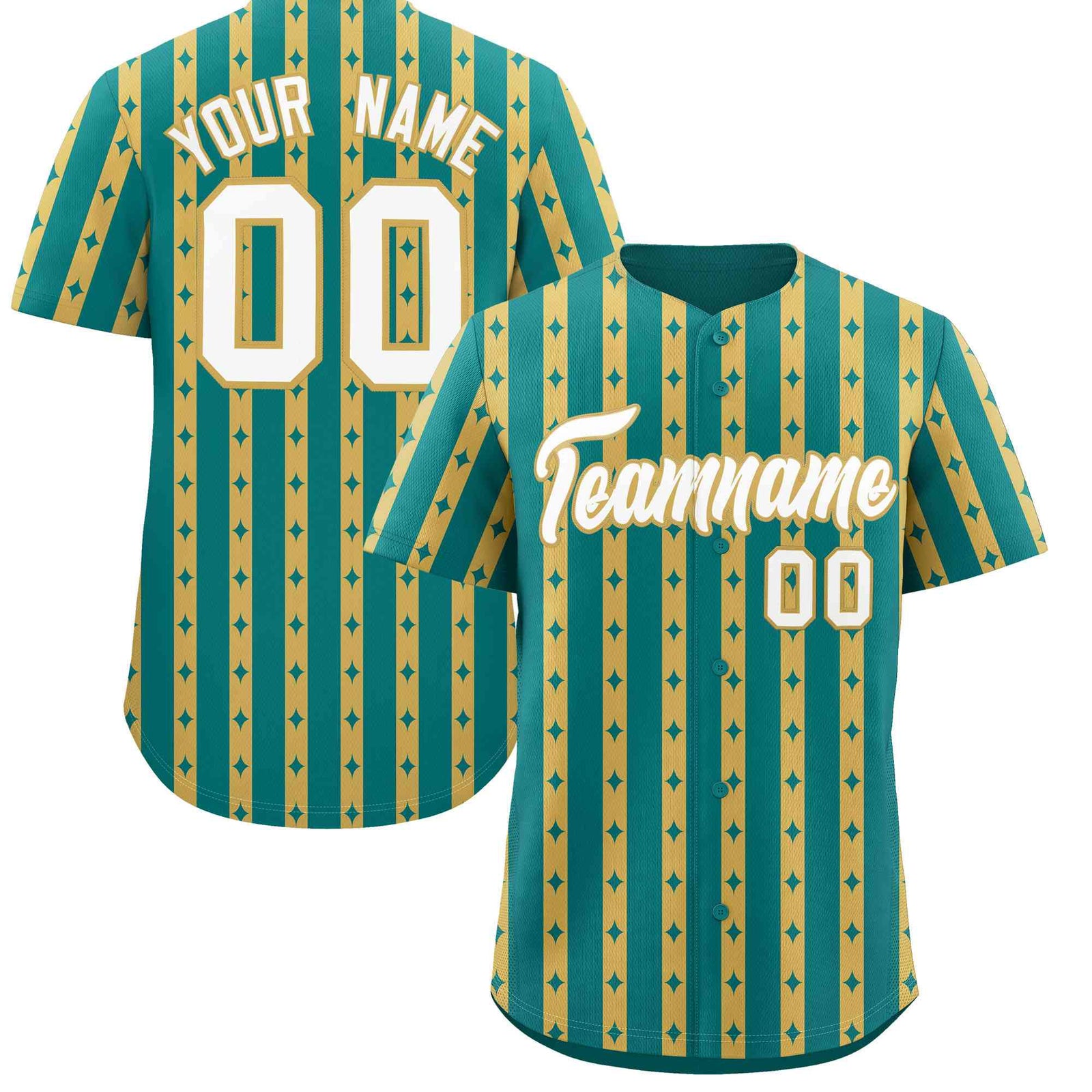 Custom Teal Old Gold Star Pattern Thick Stripes Baseball Jersey