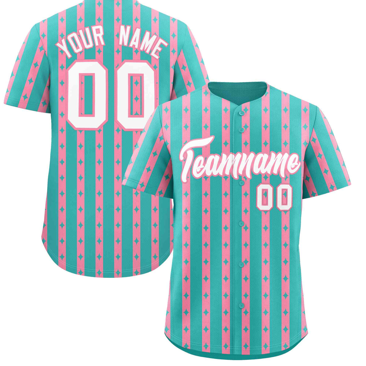 Custom Teal Light Pink Star Pattern Thick Stripes Baseball Jersey