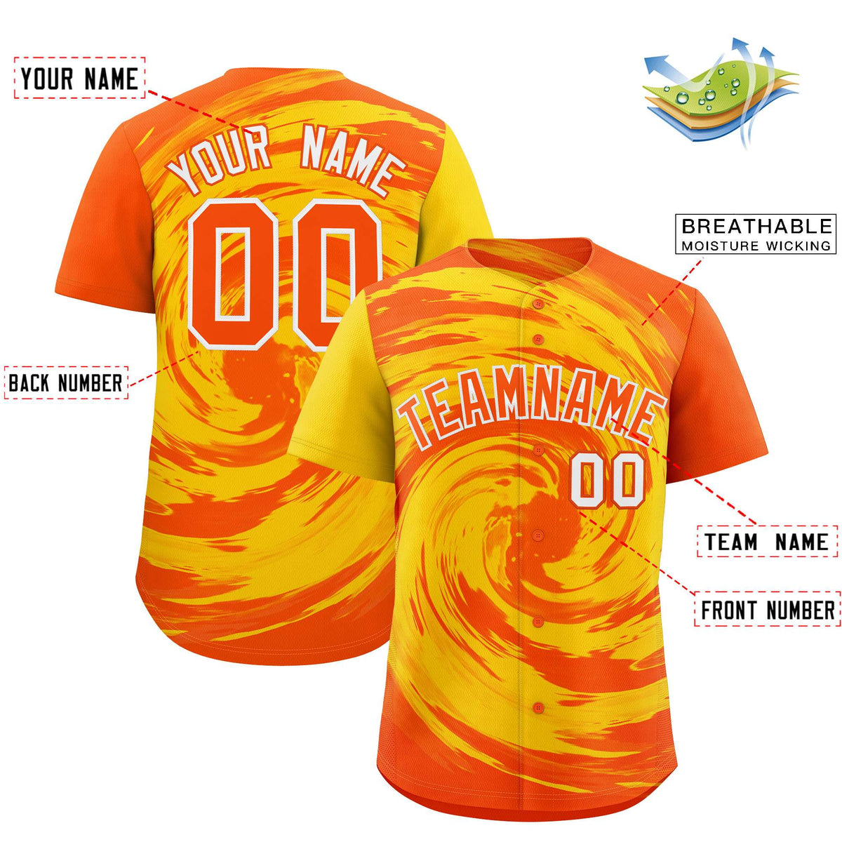 Custom Gold Orange Swirl Graffiti Pattern Authentic Baseball Jersey