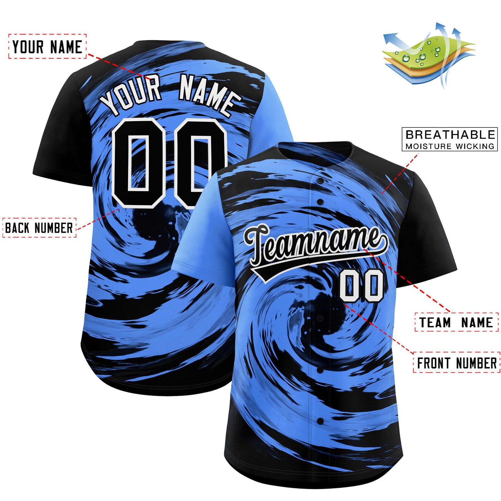 Custom Powder Blue Black Swirl Graffiti Pattern Authentic Baseball Jersey