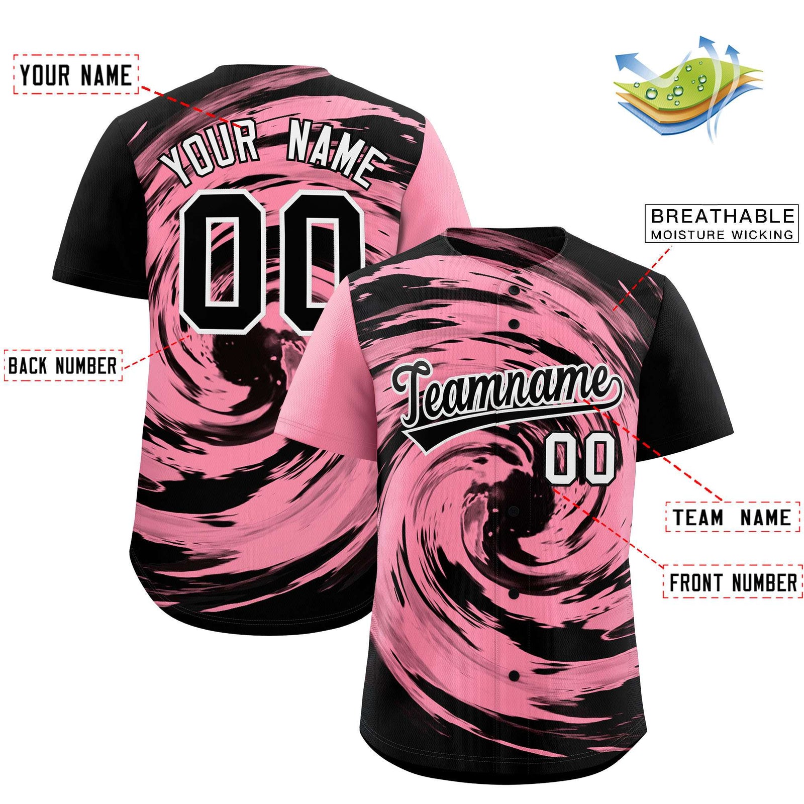 Custom Light Pink Black Swirl Graffiti Pattern Authentic Baseball Jersey