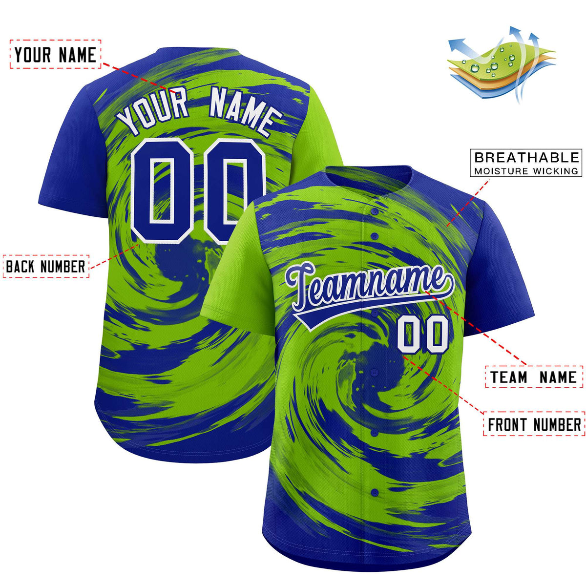 Custom Neon Green Royal Swirl Graffiti Pattern Authentic Baseball Jersey