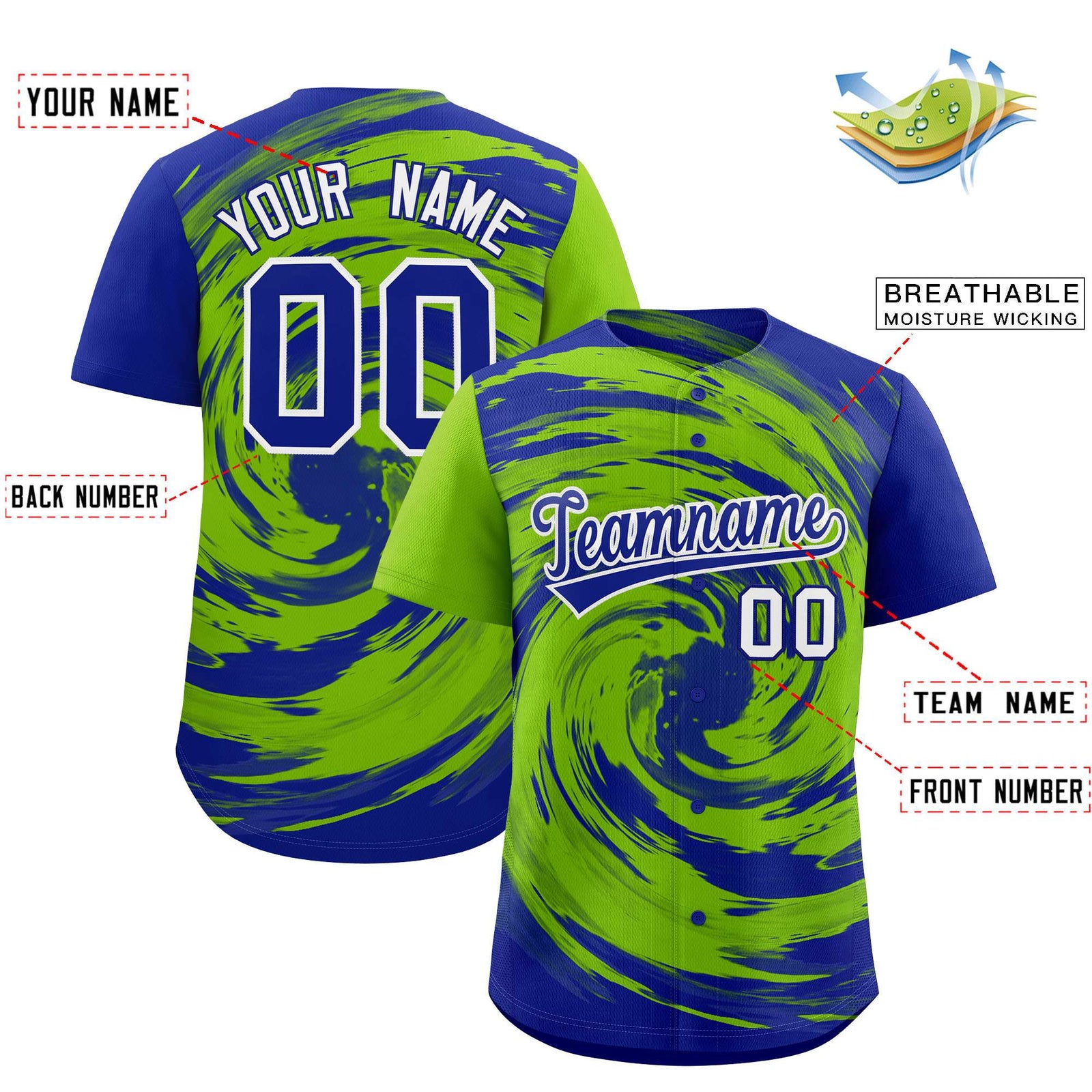 Custom Neon Green Royal Swirl Graffiti Pattern Authentic Baseball Jersey
