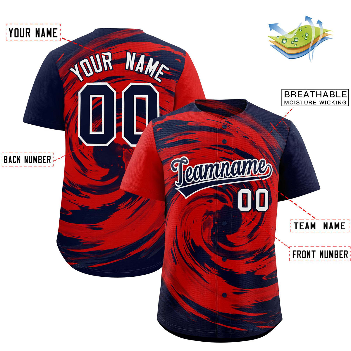 Custom Red Navy Swirl Graffiti Pattern Authentic Baseball Jersey