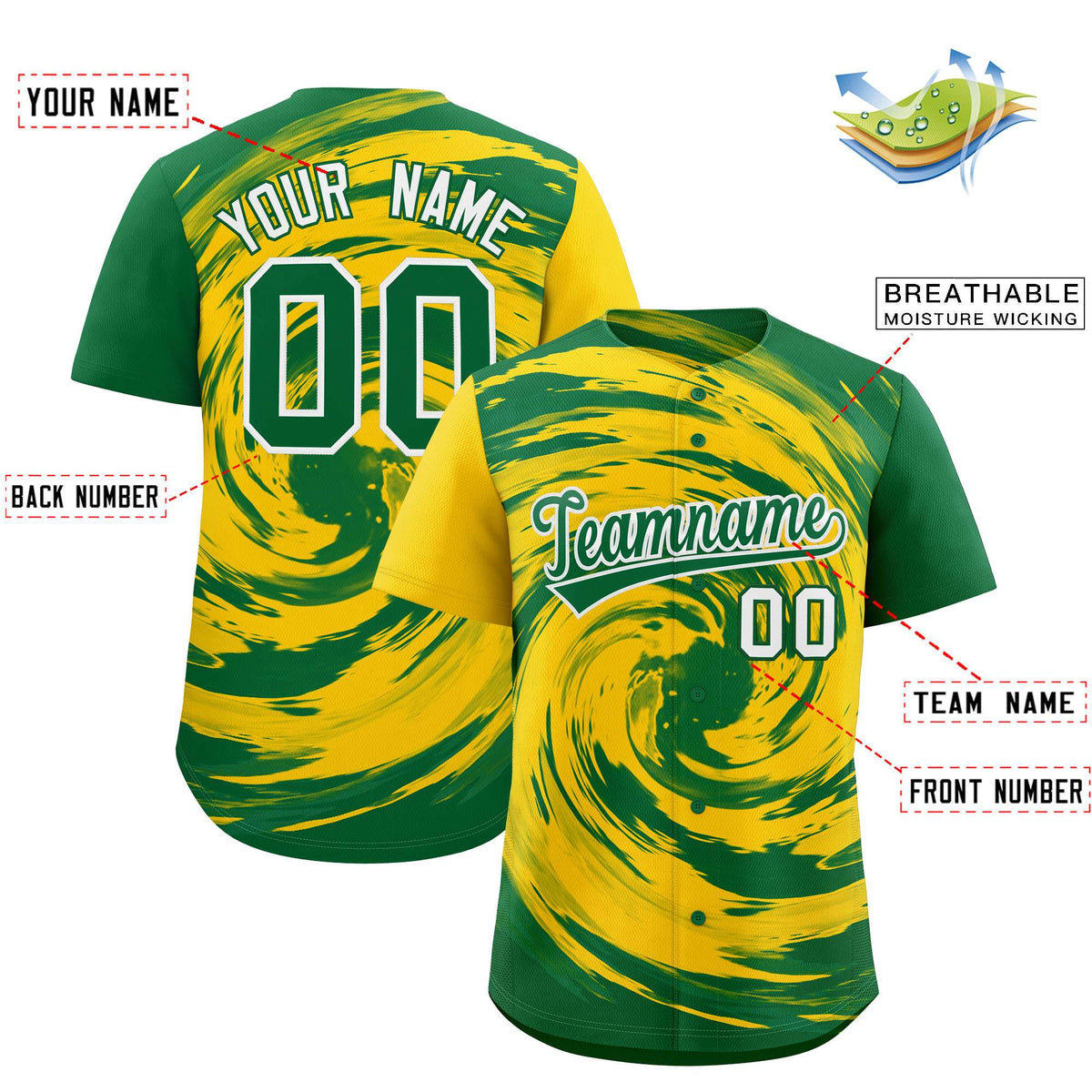 Custom Gold Kelly Green Swirl Graffiti Pattern Authentic Baseball Jersey