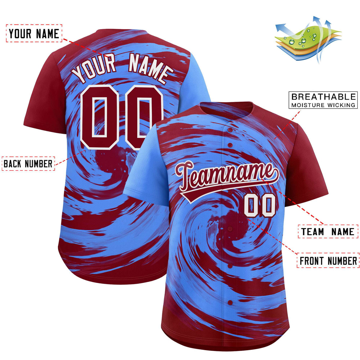 Custom Powder Blue Crimson Swirl Graffiti Pattern Authentic Baseball Jersey