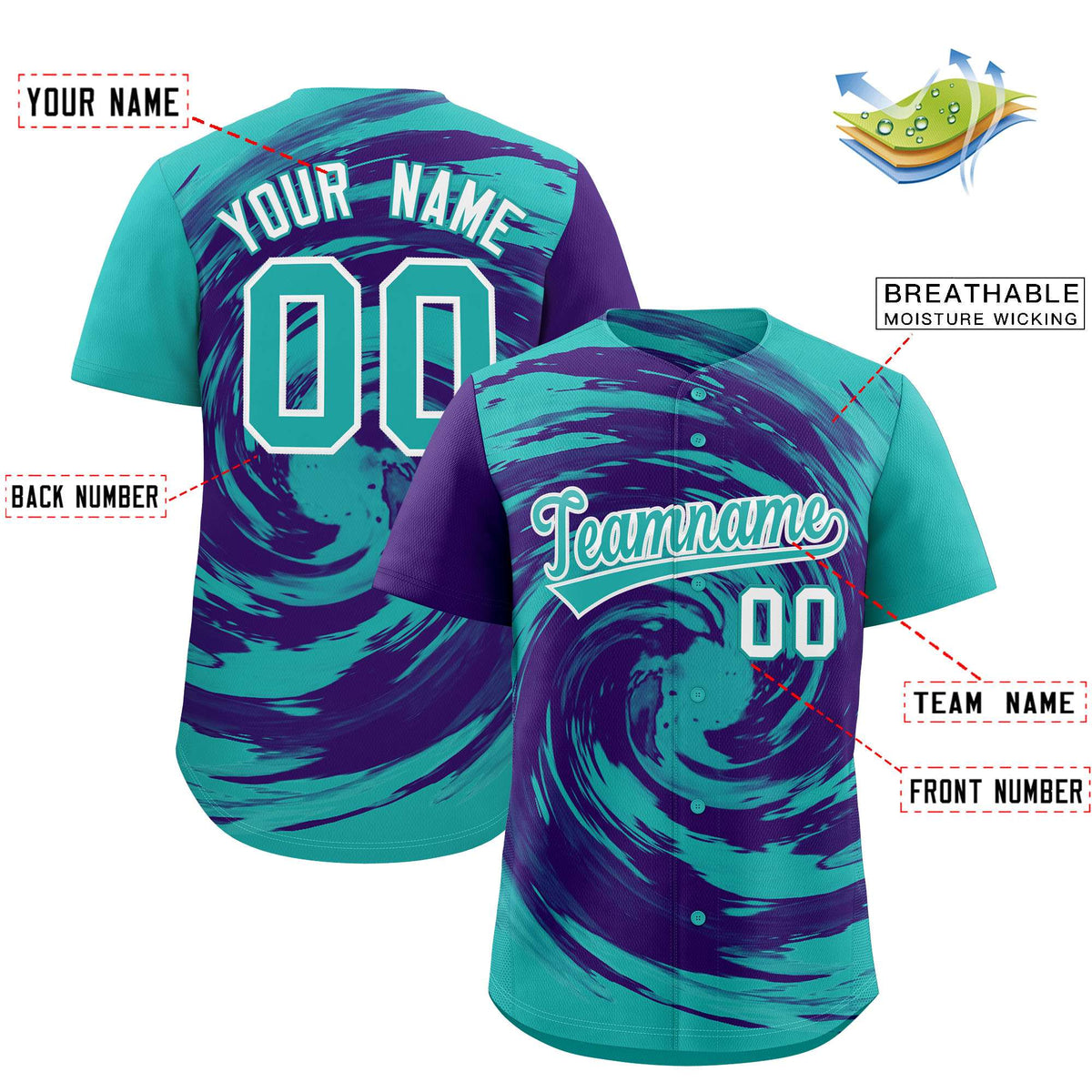 Custom Purple Aqua Swirl Graffiti Pattern Authentic Baseball Jersey