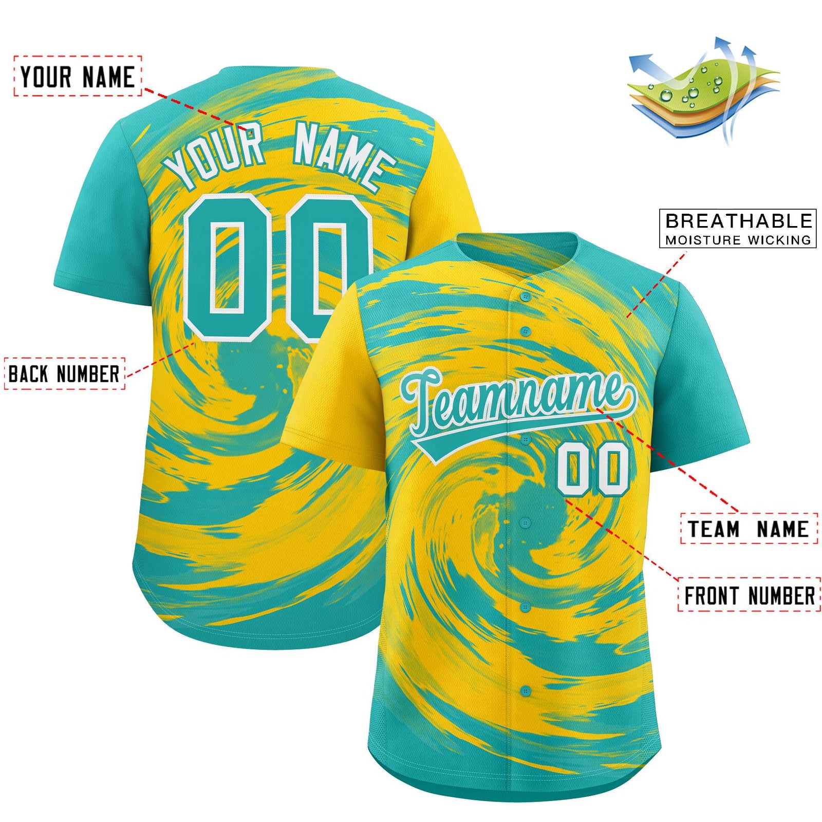Custom Gold Aqua Swirl Graffiti Pattern Authentic Baseball Jersey