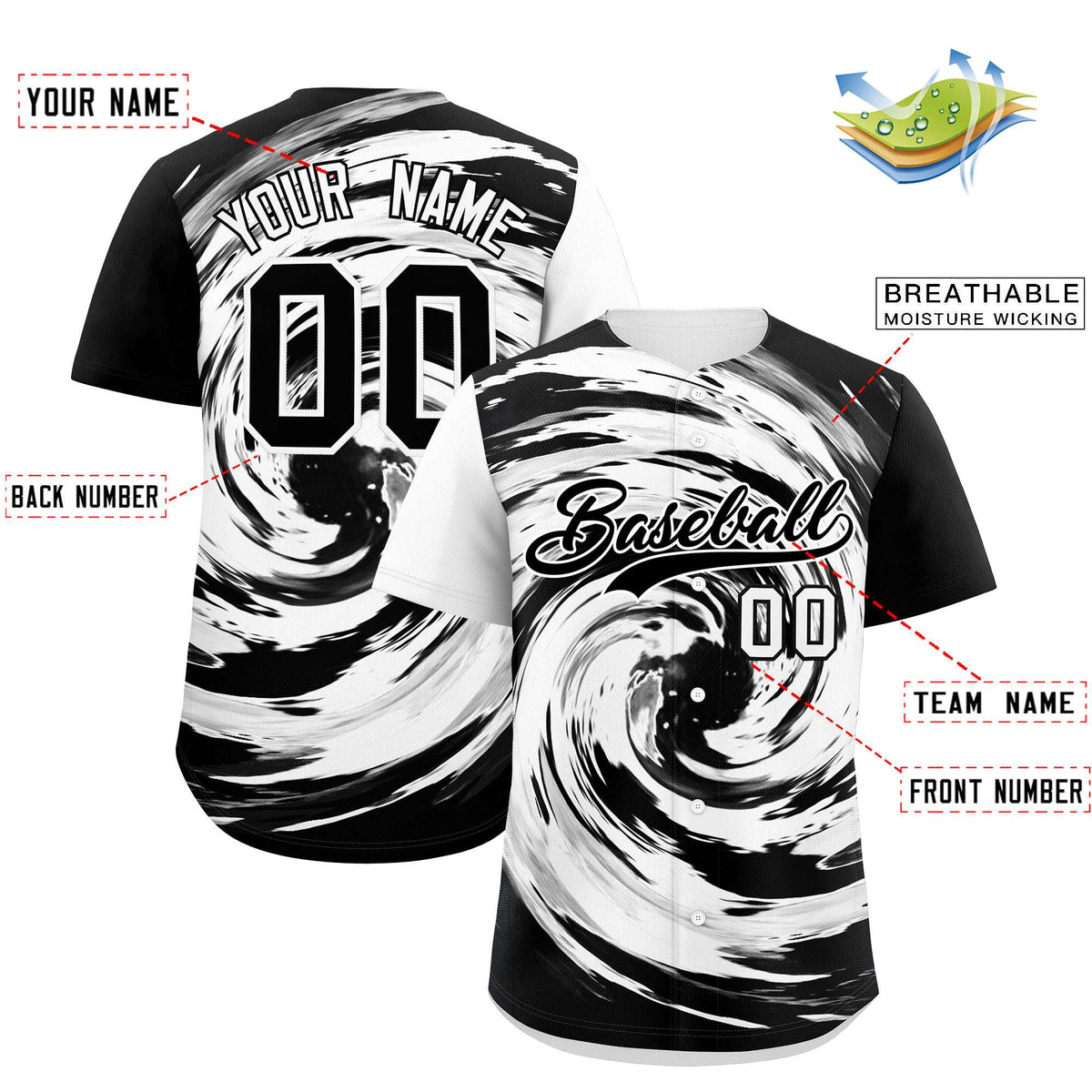 Custom White Black Swirl Graffiti Pattern Authentic Baseball Jersey
