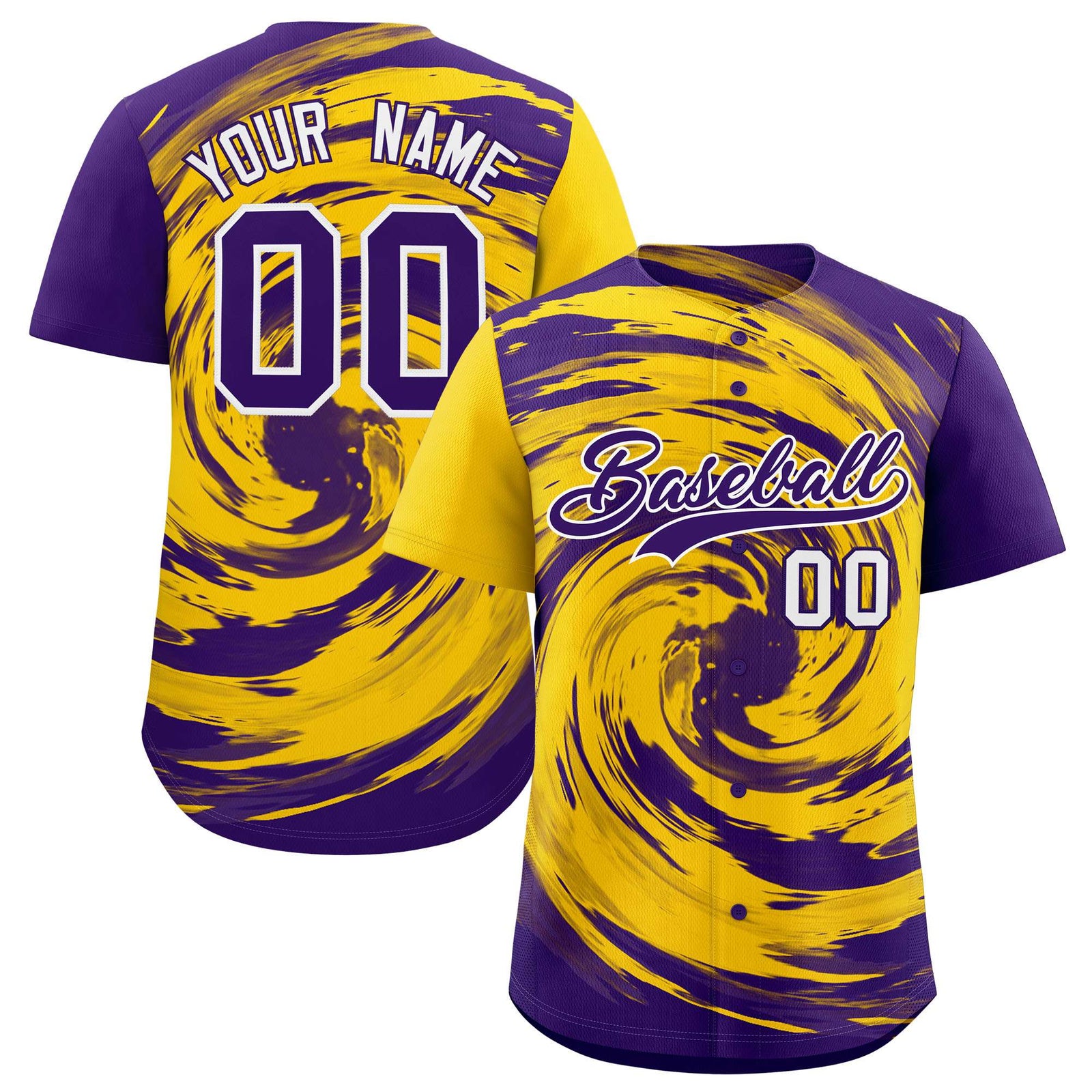 Custom Gold Purple Swirl Graffiti Pattern Authentic Baseball Jersey