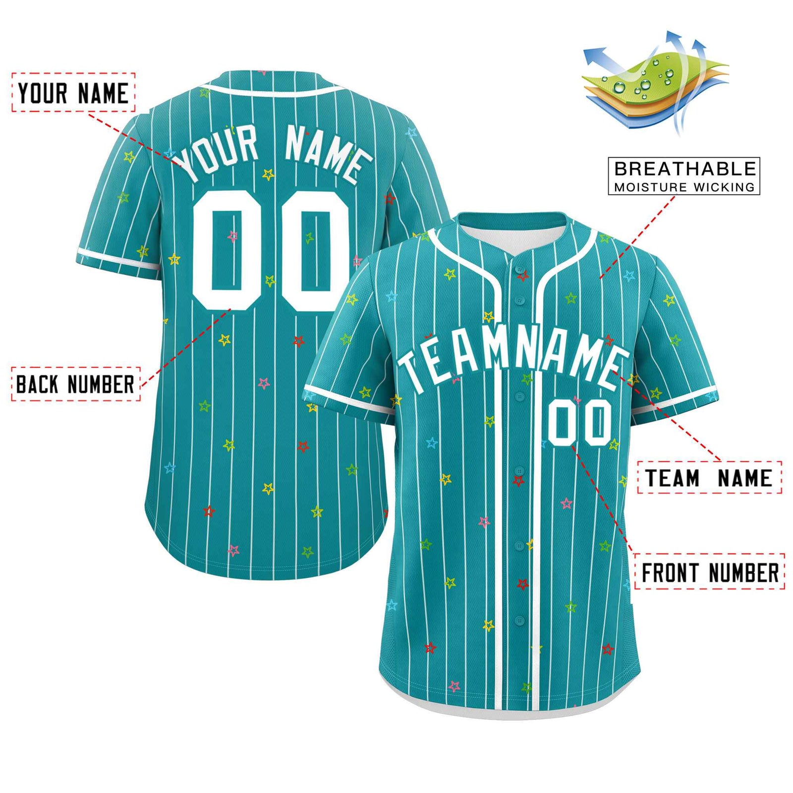 Custom Aqua White Stripe Fashion Personalized Star Pattern Authentic Baseball Jersey