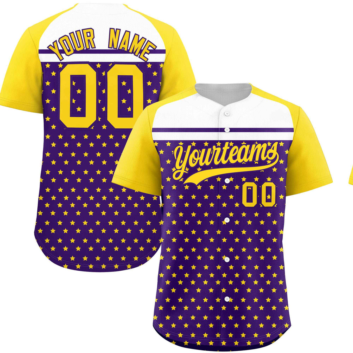 Custom Purple Gold-White Raglan Sleeve Personalized Star Print Authentic Baseball Jersey