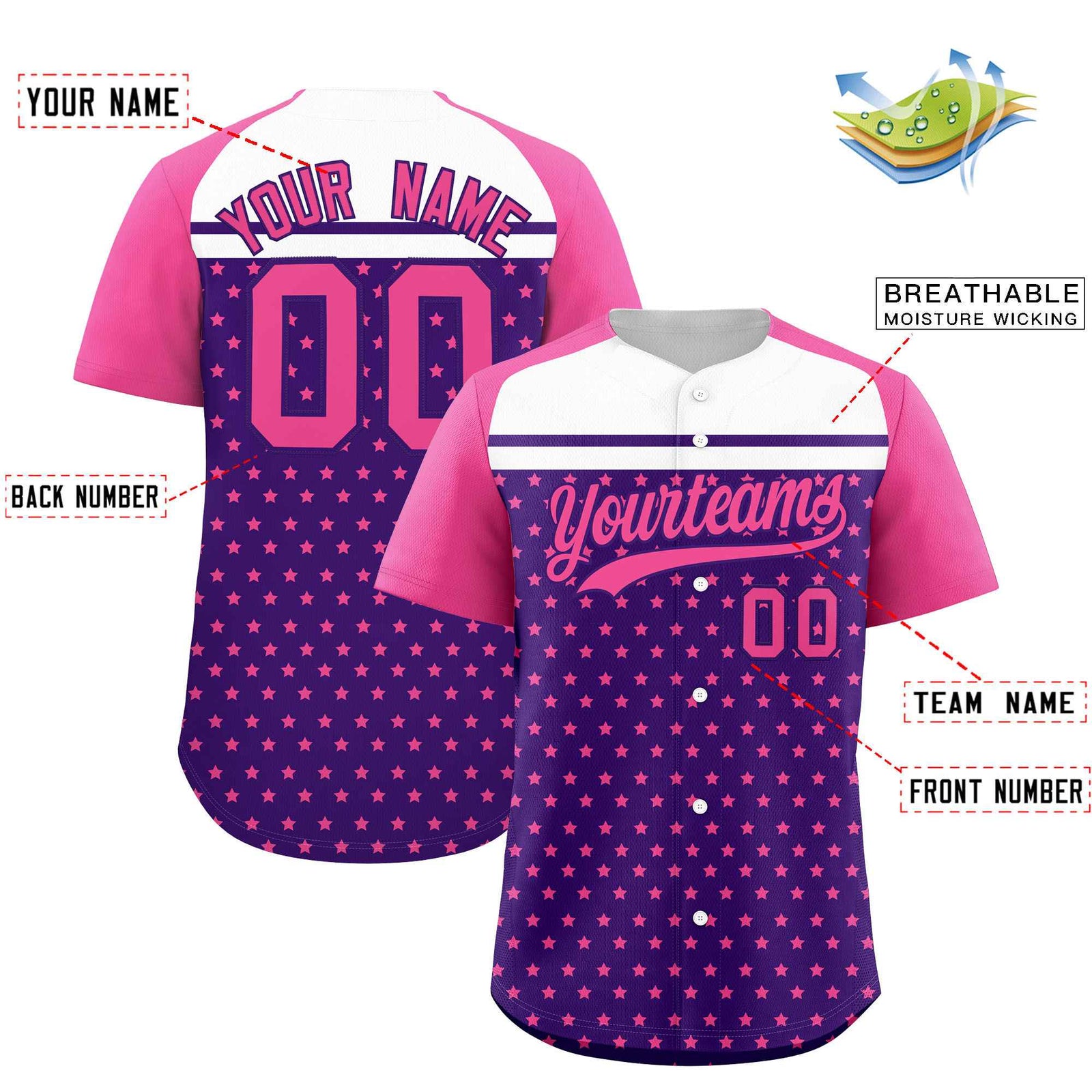 Custom Purple Pink-White Raglan Sleeve Personalized Star Print Authentic Baseball Jersey
