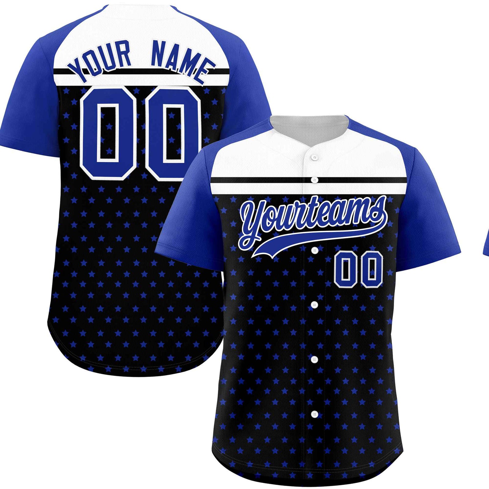 Custom Black Royal-White Raglan Sleeve Personalized Star Print Authentic Baseball Jersey