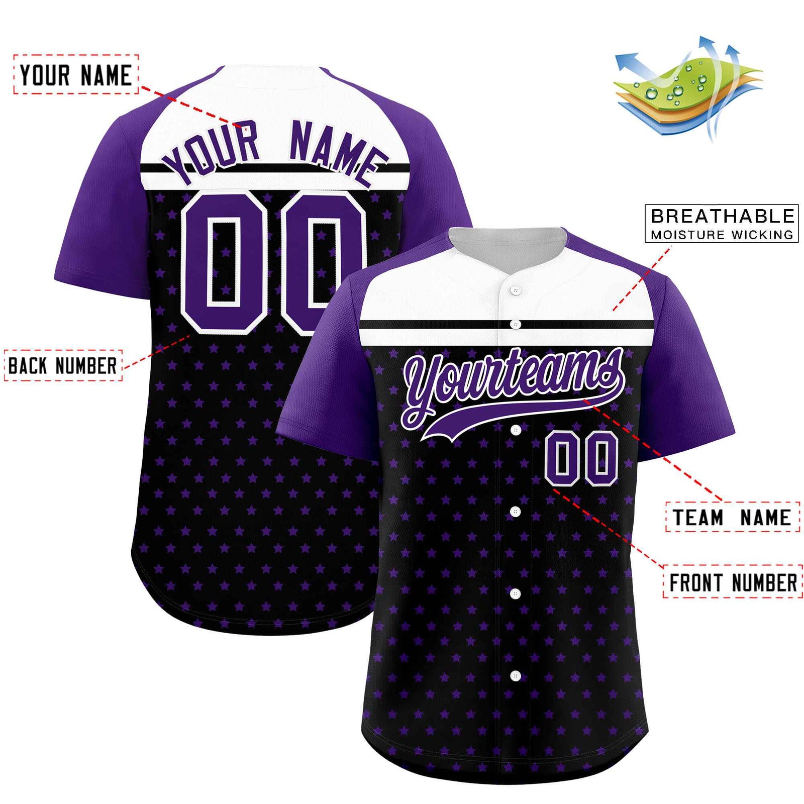 Custom Black Purple-White Raglan Sleeve Personalized Star Print Authentic Baseball Jersey