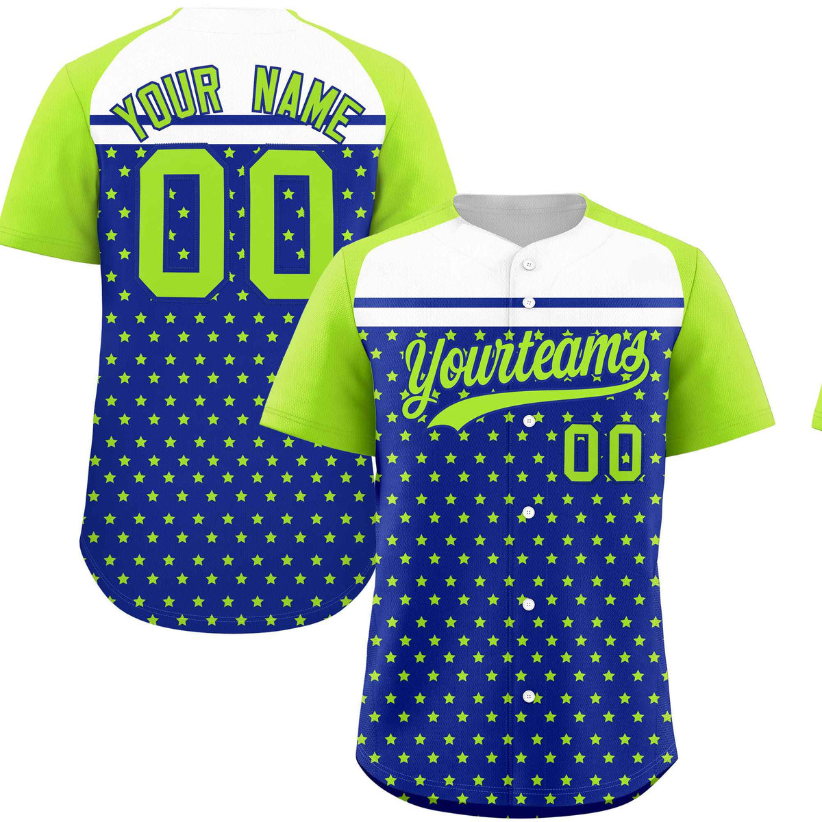 Custom Royal Neon Green-White Raglan Sleeve Personalized Star Print Authentic Baseball Jersey