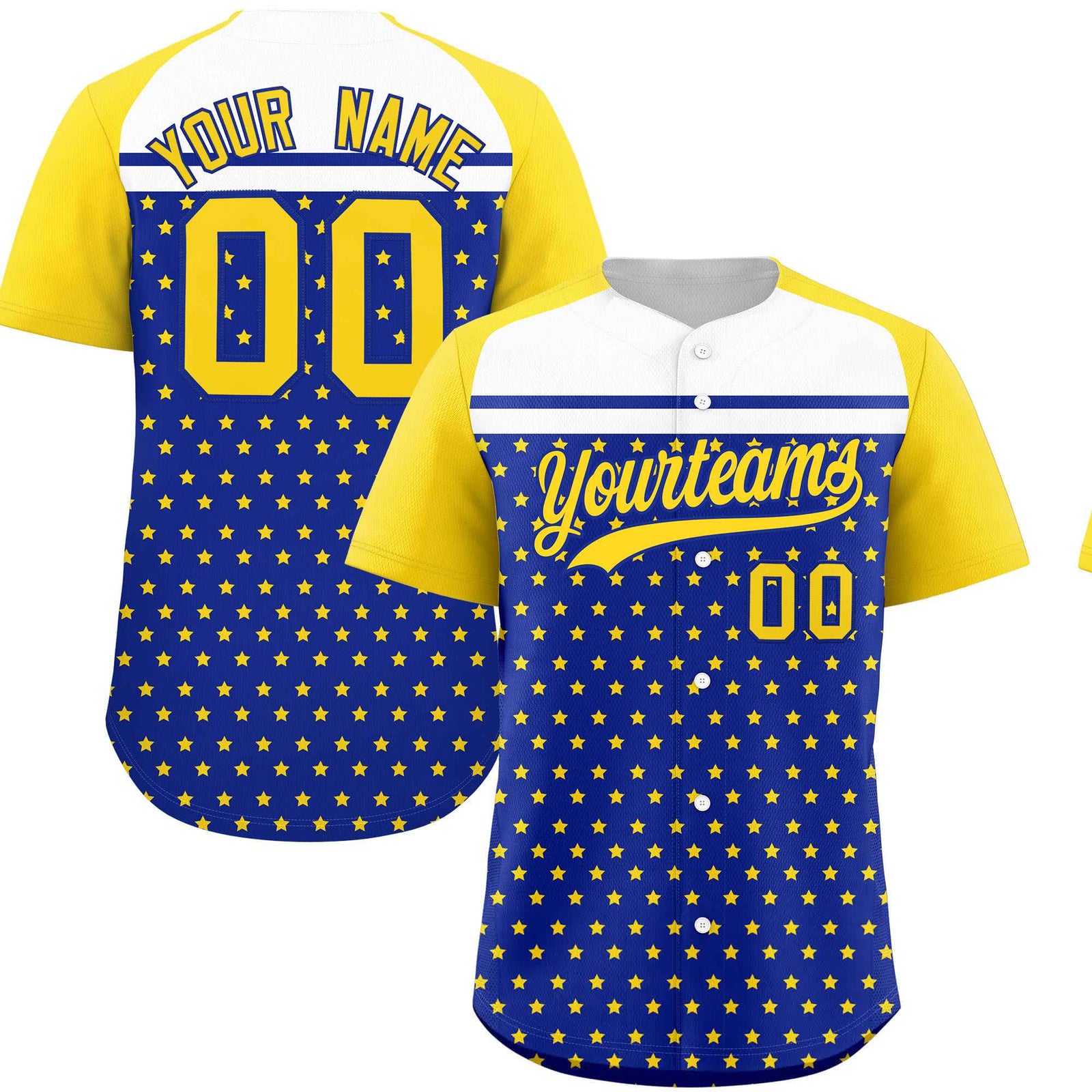 Custom Royal Gold-White Raglan Sleeve Personalized Star Print Authentic Baseball Jersey