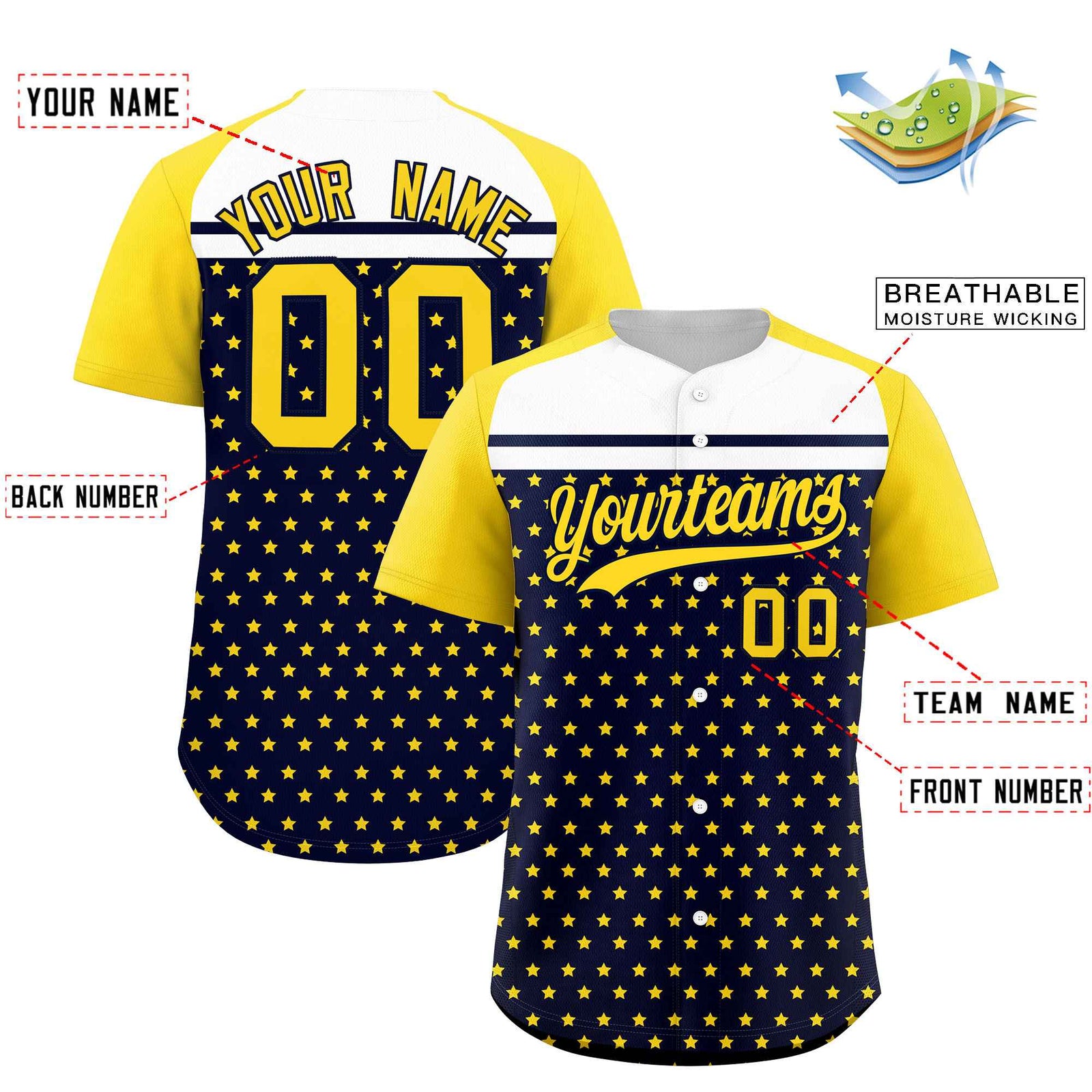 Custom Navy Gold-White Raglan Sleeve Personalized Star Print Authentic Baseball Jersey