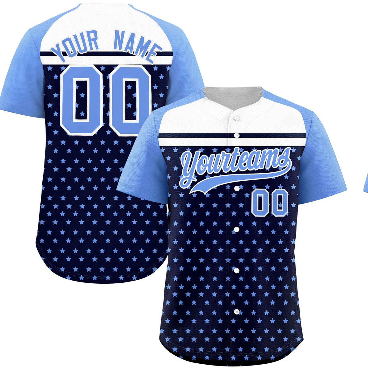 Custom Navy Light Blue-White Raglan Sleeve Personalized Star Print Authentic Baseball Jersey