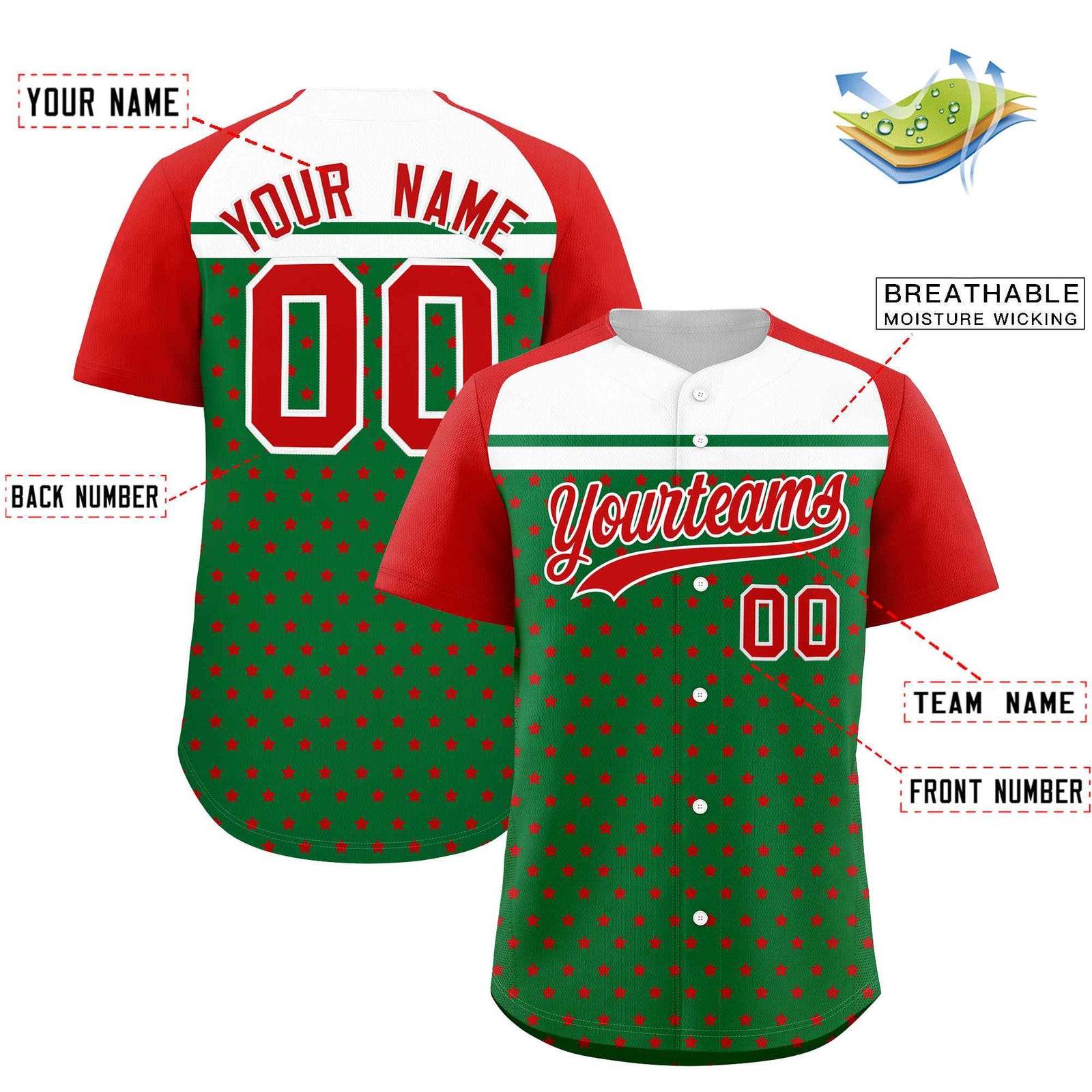 Custom Kelly Green Red-White Raglan Sleeve Personalized Star Print Authentic Baseball Jersey