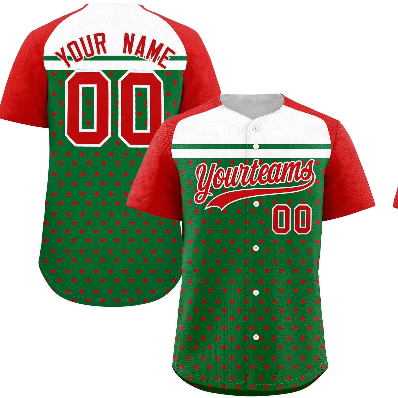 Custom Kelly Green Red-White Raglan Sleeve Personalized Star Print Authentic Baseball Jersey