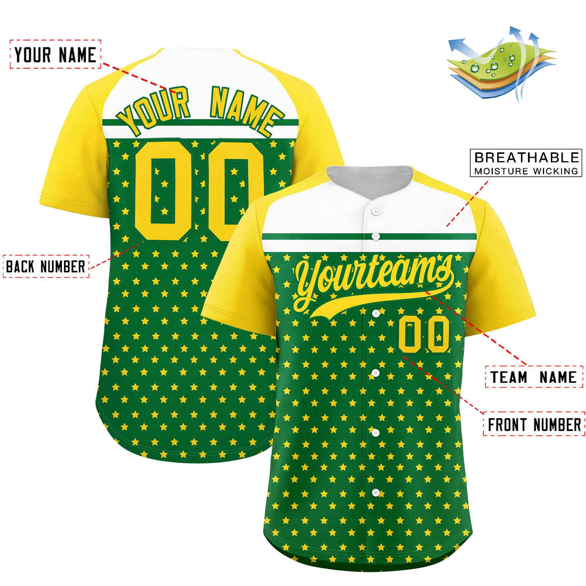 Custom Kelly Green Gold-White Raglan Sleeve Personalized Star Print Authentic Baseball Jersey