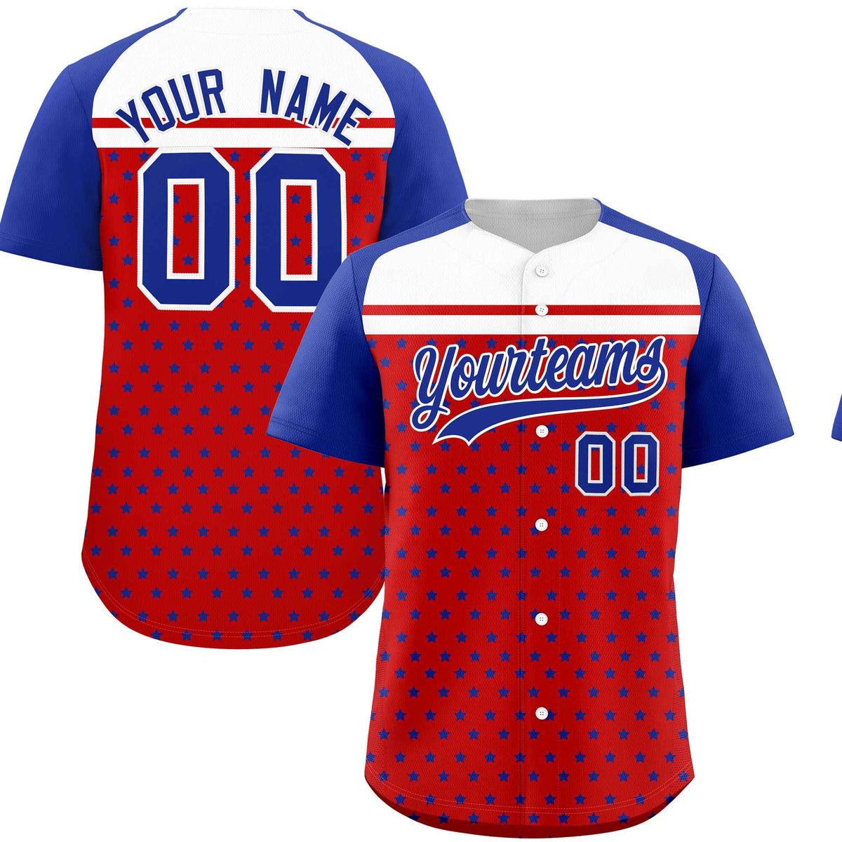 Custom Red Royal-White Raglan Sleeve Personalized Star Print Authentic Baseball Jersey