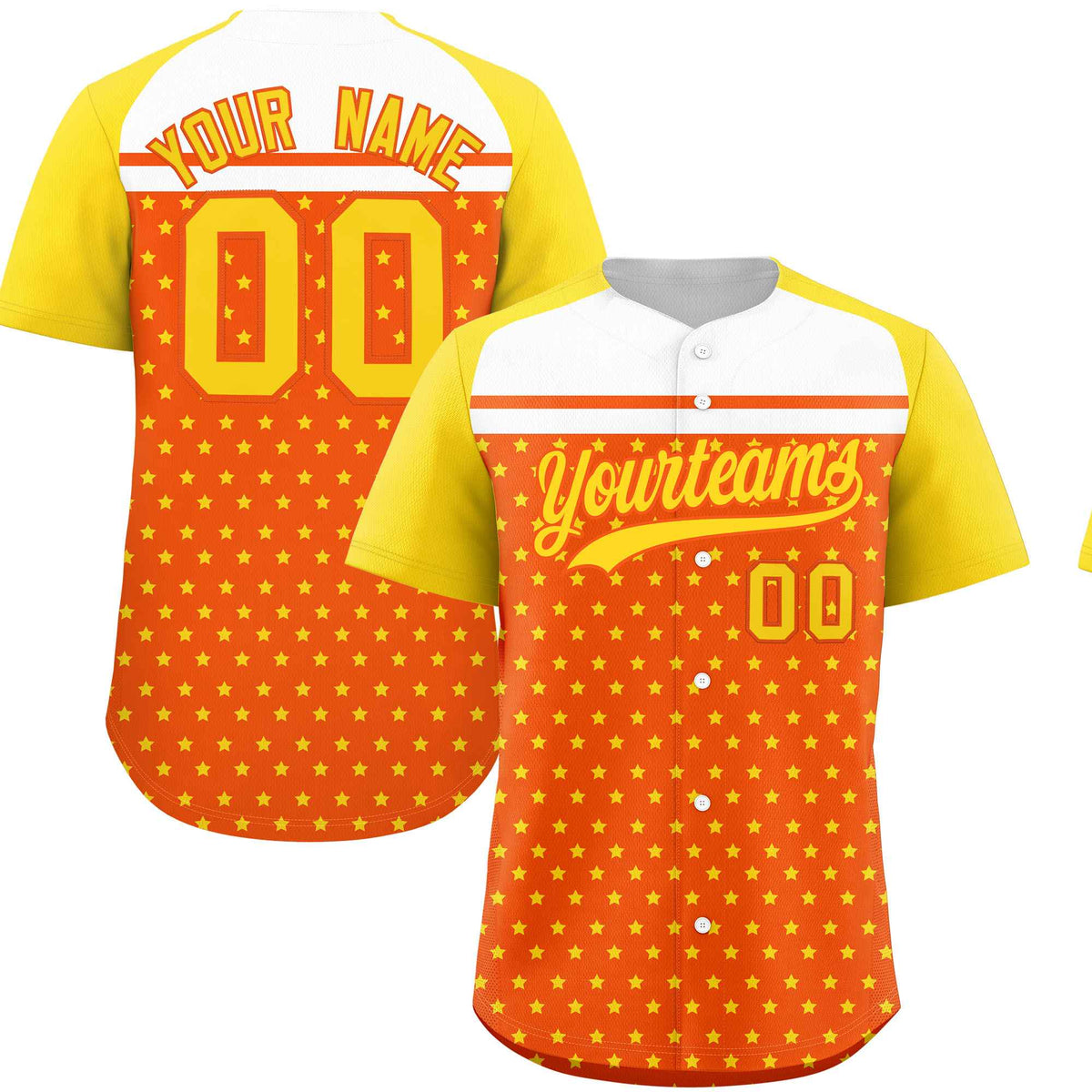 Custom Orange Gold-White Raglan Sleeve Personalized Star Print Authentic Baseball Jersey