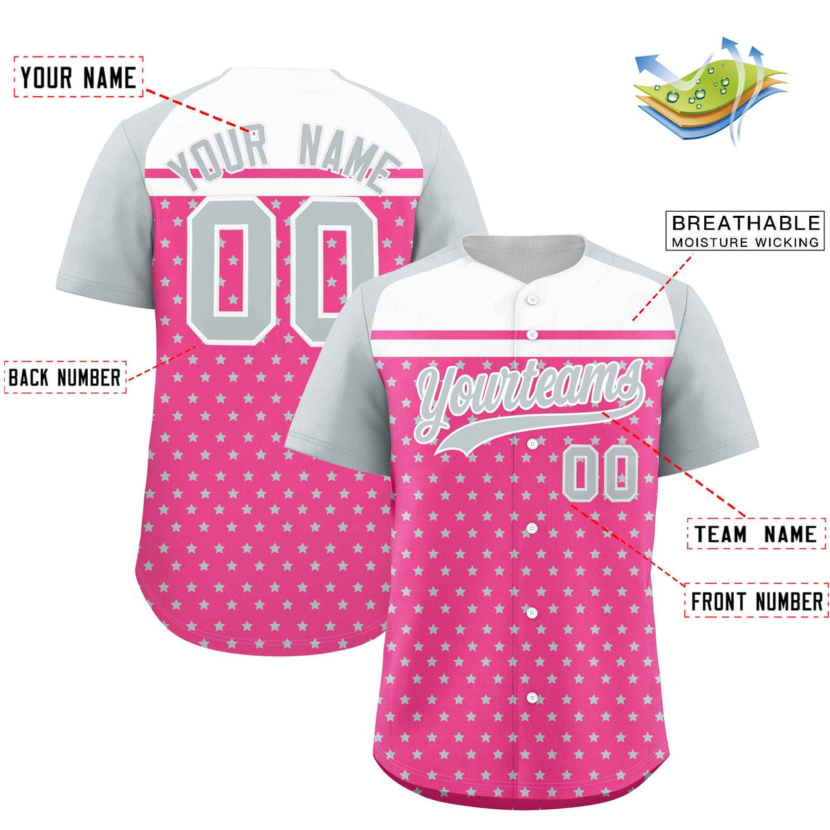 Custom Pink Silver-White Raglan Sleeve Personalized Star Print Authentic Baseball Jersey