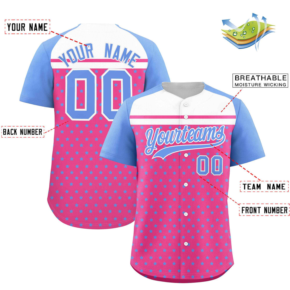 Custom Pink Light Blue-White Raglan Sleeve Personalized Star Print Authentic Baseball Jersey