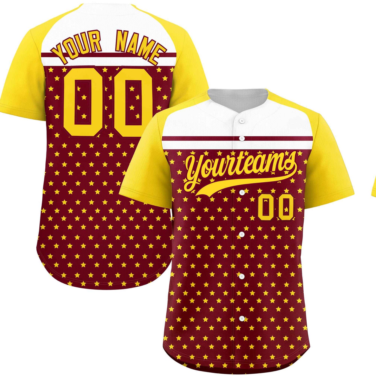 Custom Crimson Gold-White Raglan Sleeve Personalized Star Print Authentic Baseball Jersey